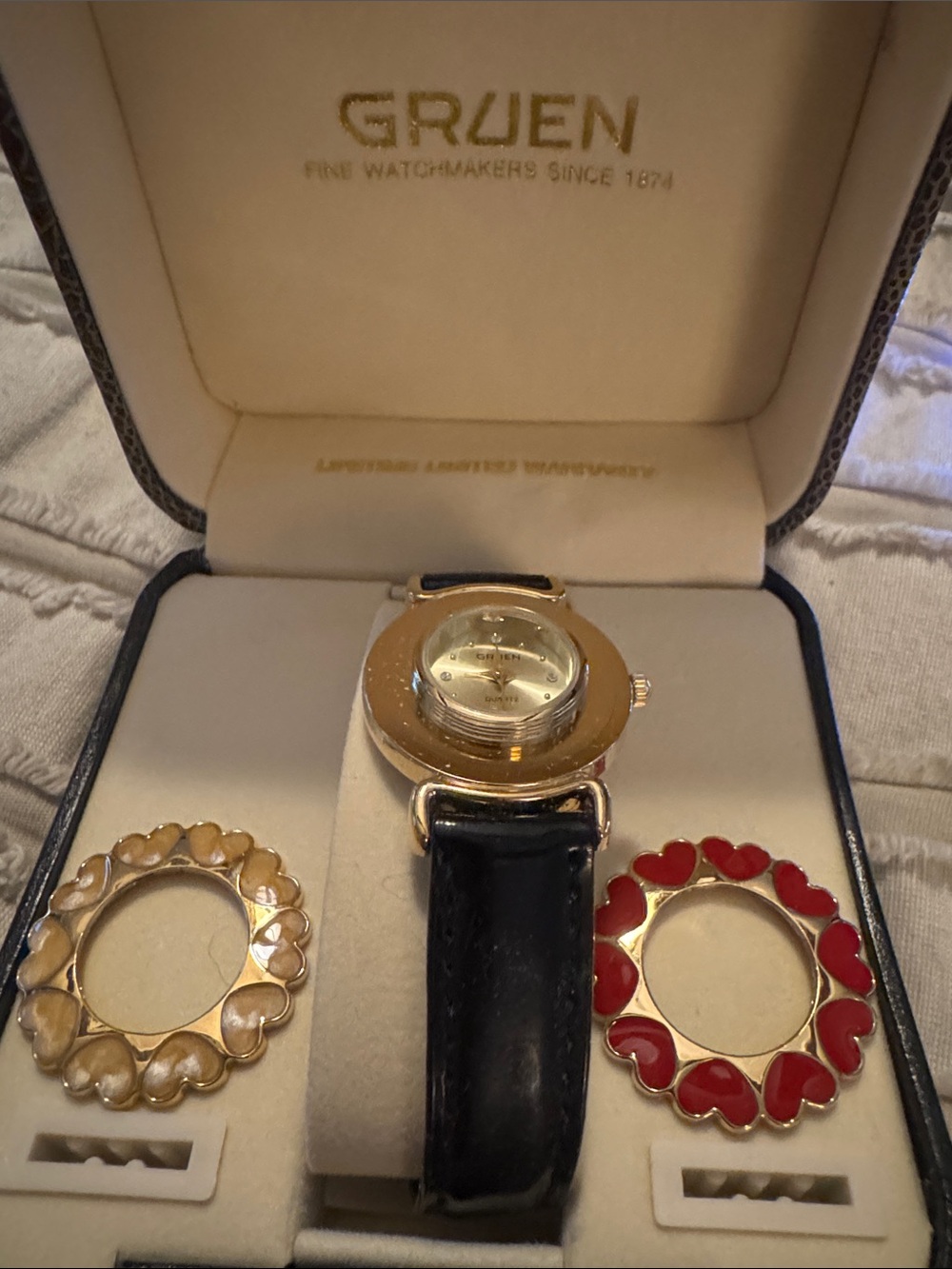 GruenWomen's Gold-Tone Watch with Black Leather Strap and Interchangeable Bezels